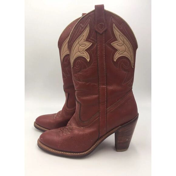 VTG Circle A Acme Tooled Leather Inlay Cowboy Boots Tulip Flower cowgirl Sz 7 - Picture 3 of 8